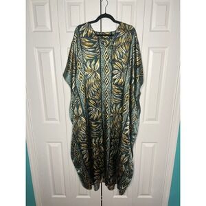 Tropical Caftan Maxi Dress Boho Resort Green Gold Satin One Size House Dress